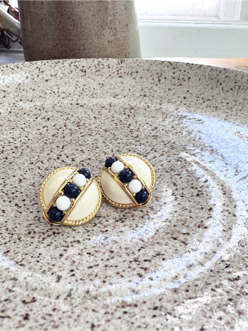 Vintage Monet Navy, Cream and White Enamel Gold Tone Clip Earrings